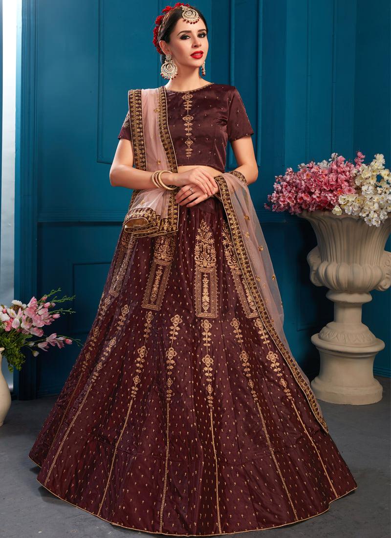 Wonderful Brown Color Satin Base Embroidered Lehenga Choli Buy Online