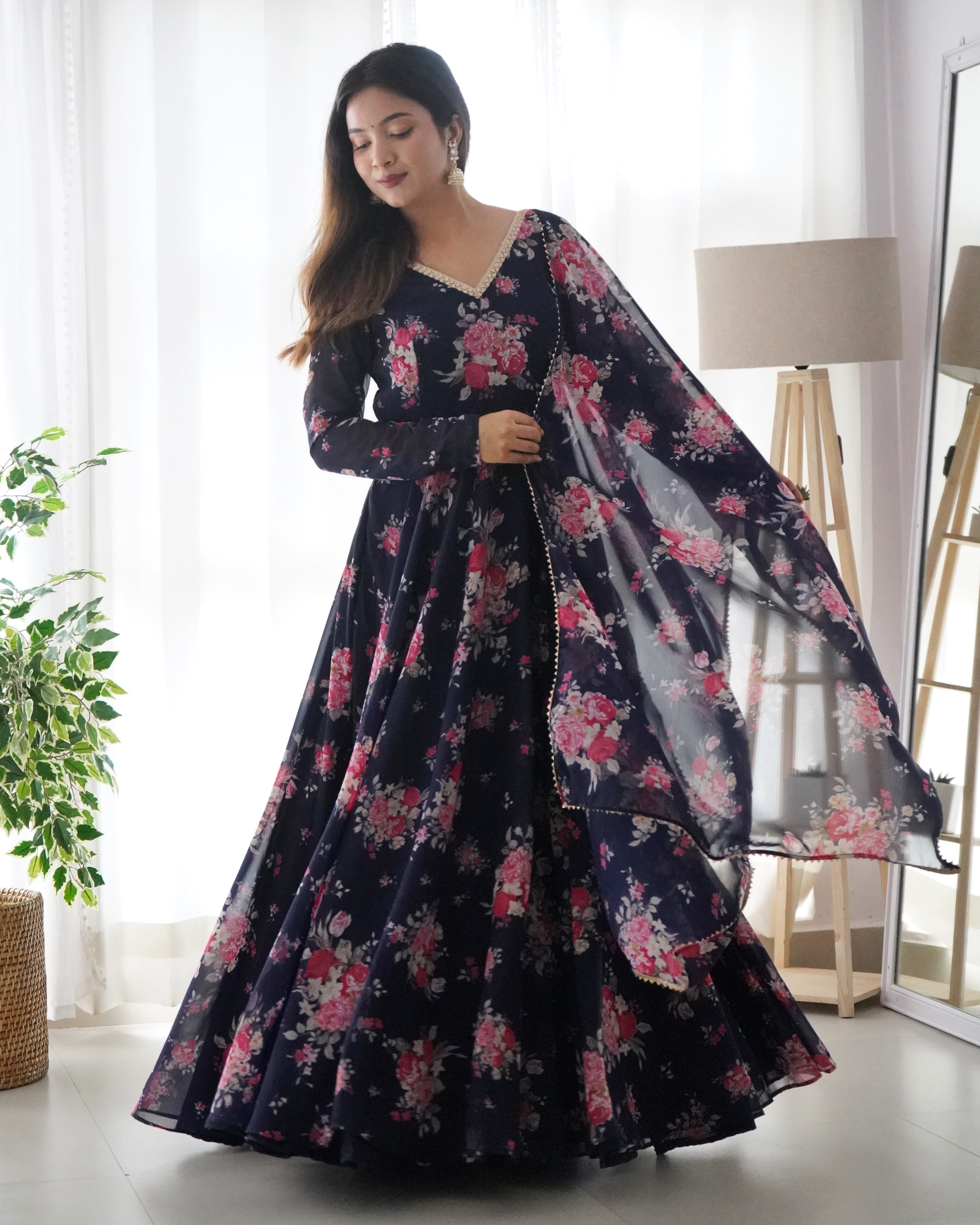 Navy Blue Faux Georgette Floral Digital Printed Anarkali With Dupatta Cheap Sale Tumblr