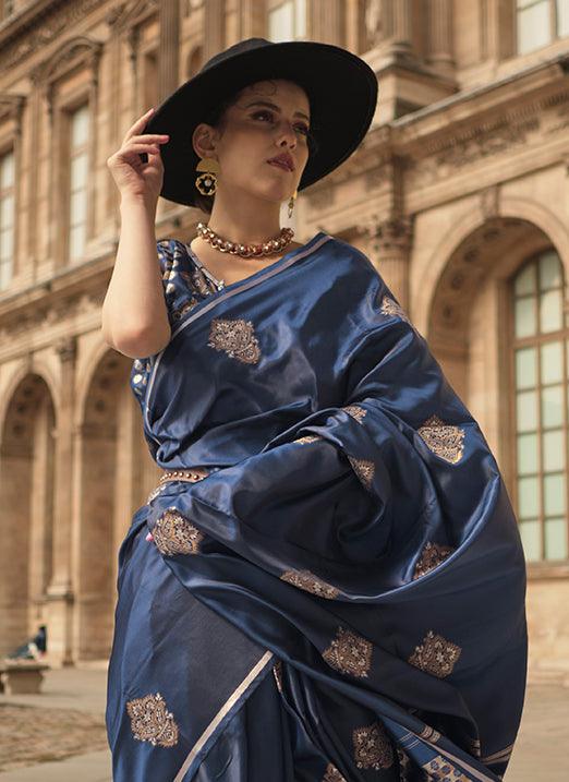 Navy Blue Pure Satin Handloom Weaved Saree from Paris Edition Free Shipping In China