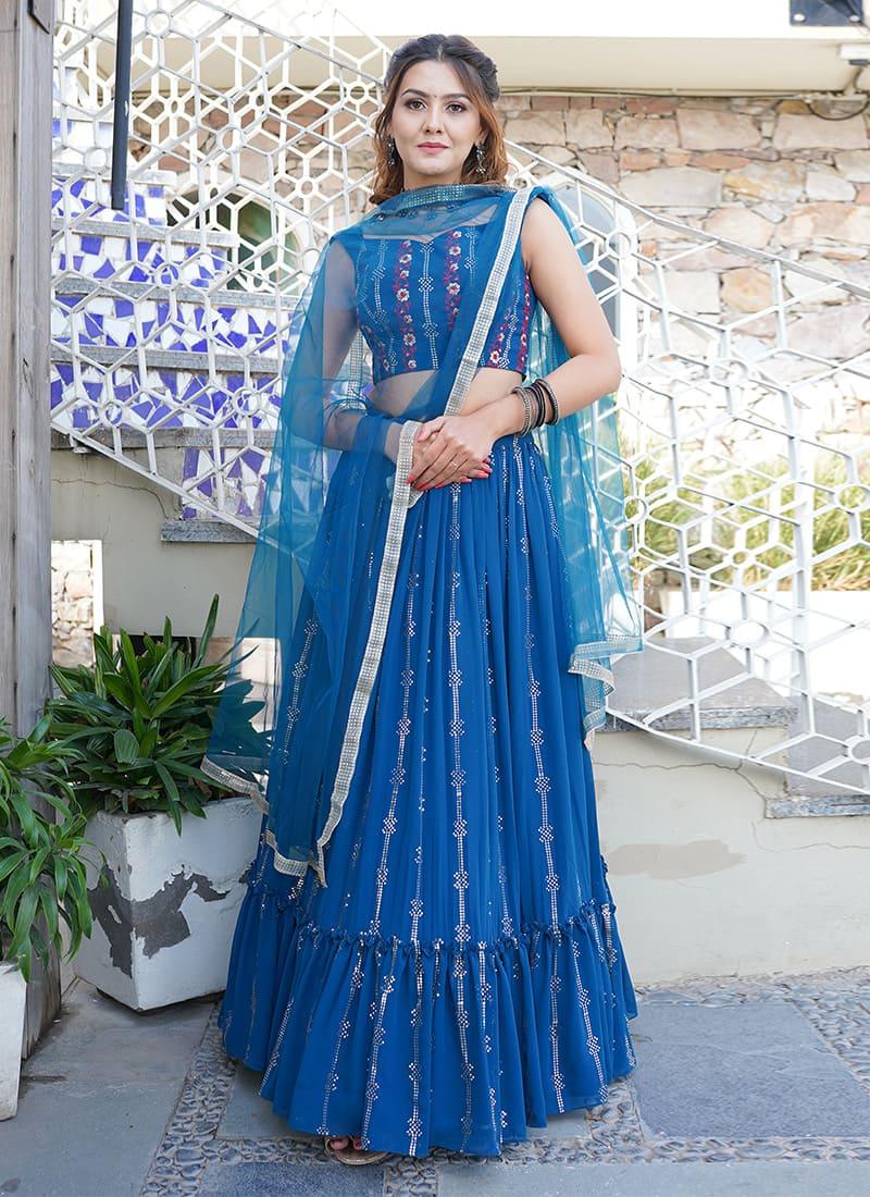 Mukaish Work Ruffle Dusty Blue Lehenga Cheap Sale Pick A Best