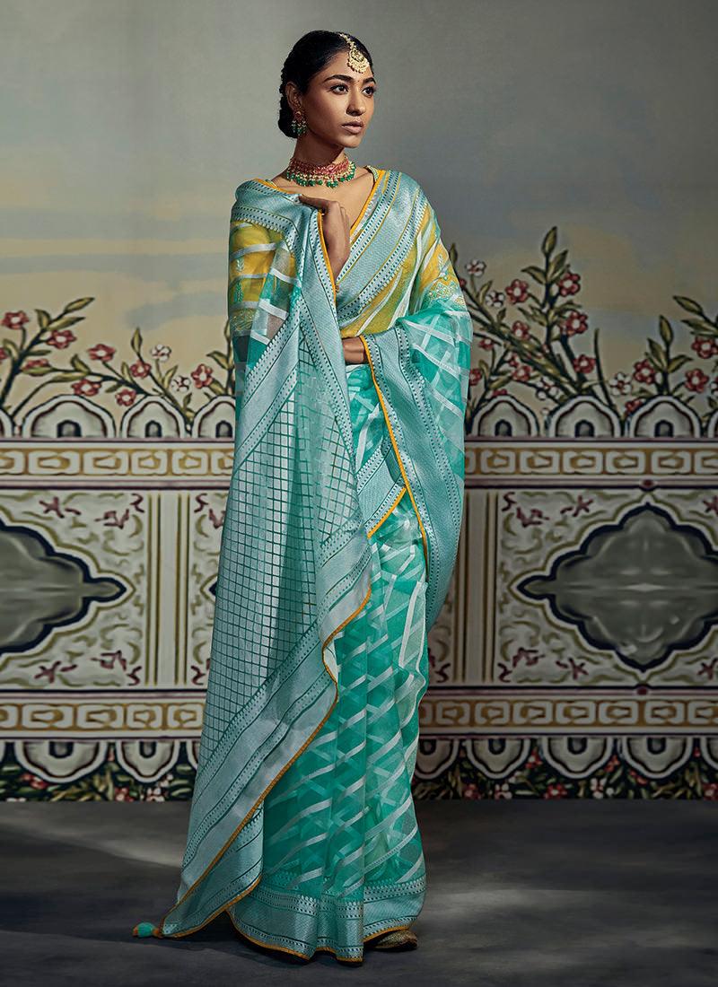 Thread Work Blouse With Turquoise Saree Cheap Fashion Style