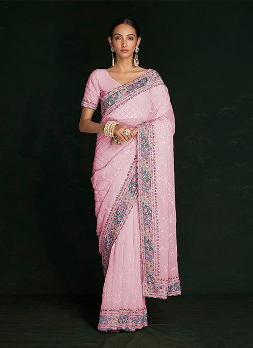 Authentic Pink Georgette Saree with Lucknowi Embroidery For Sale Wholesale Pice