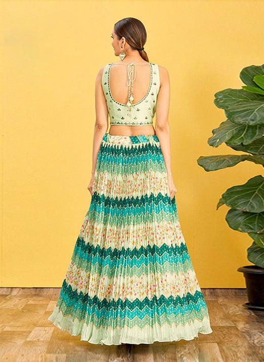 Cream With Green Chinnon Lehenga Choli with Real Mirror & Zari Sequins Embroidery Free Shipping Deals