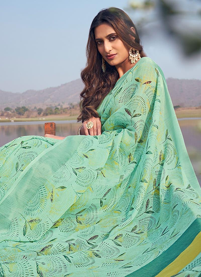 Light Green Casual Printed Floral Saree Free Shipping Nicekicks