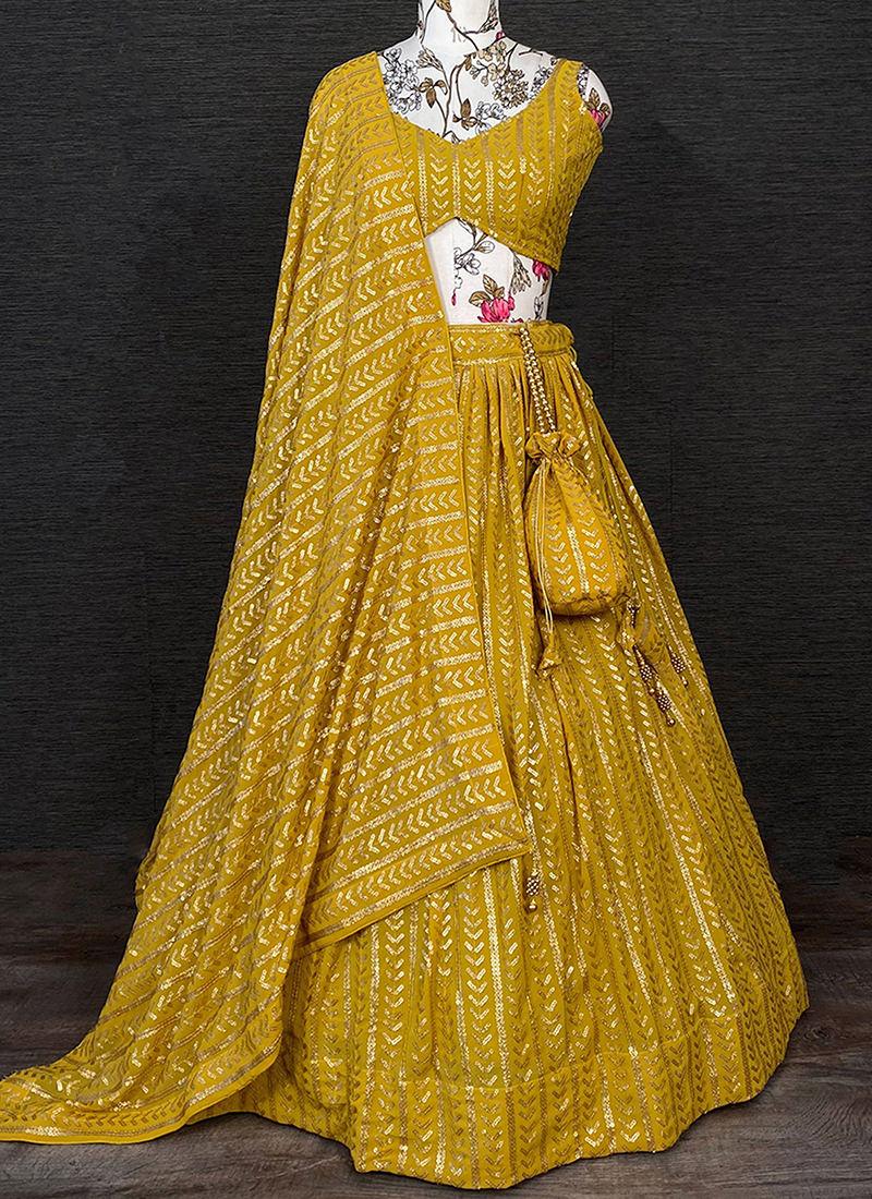 Heavy Sequins Mustard Yellow Flared Lehenga Real For Sale