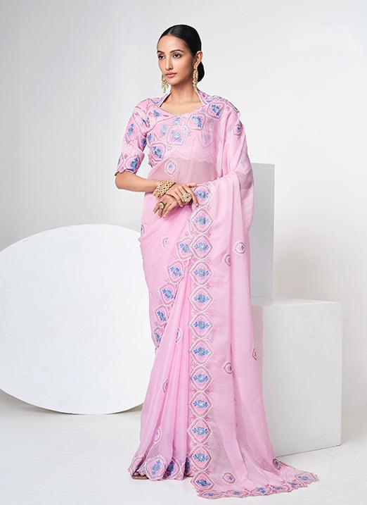 Baby Pink Organza Based Embroidered Saree Cheapest For Sale