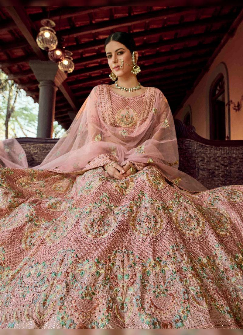 Elegant Look Peach Color Georgette Base Heavy Work Bridal Lehenga Choli Visit Online