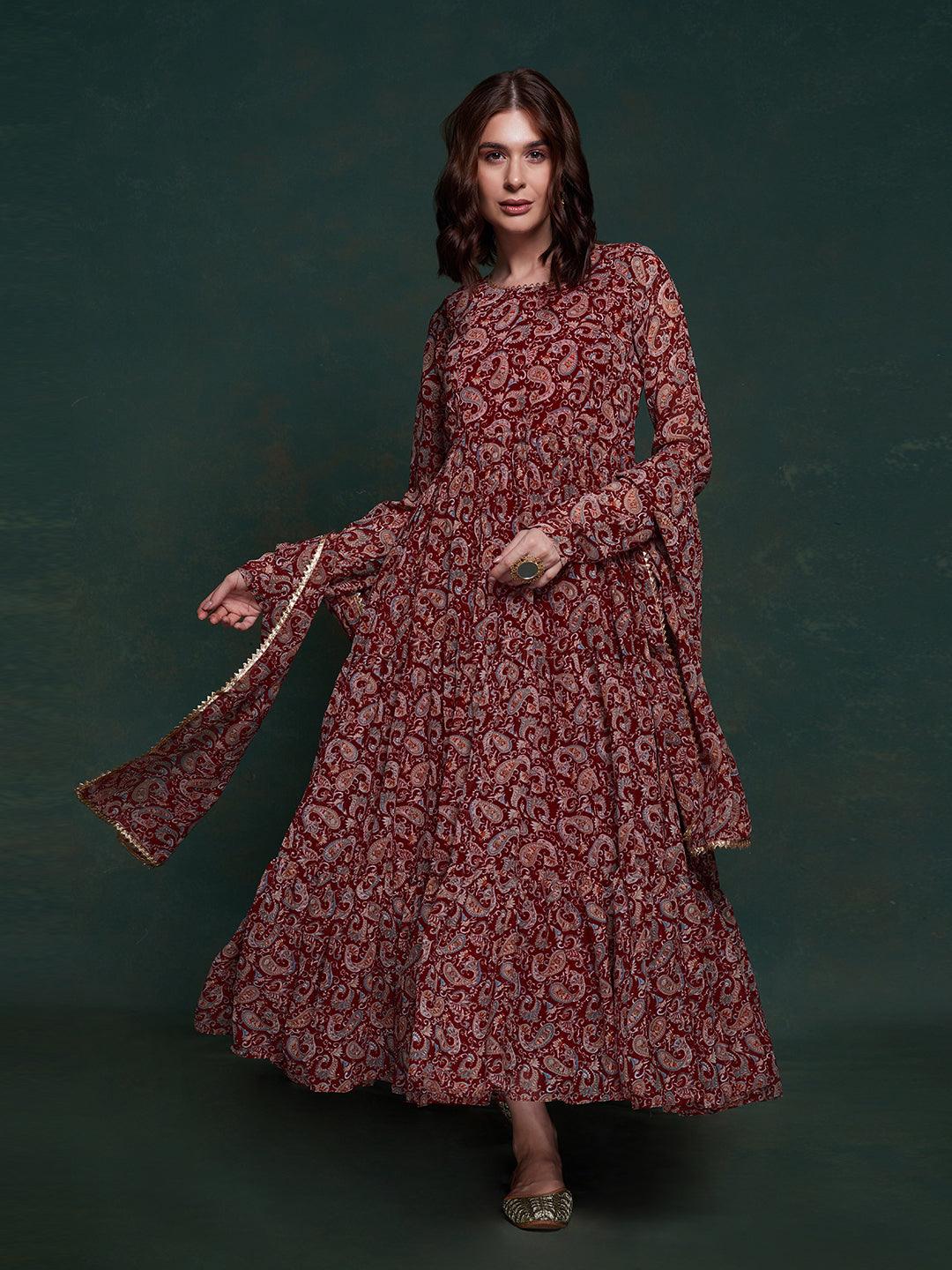 Maroon Georgette Gown Dress with Printed Design Cheap Sale Tumblr