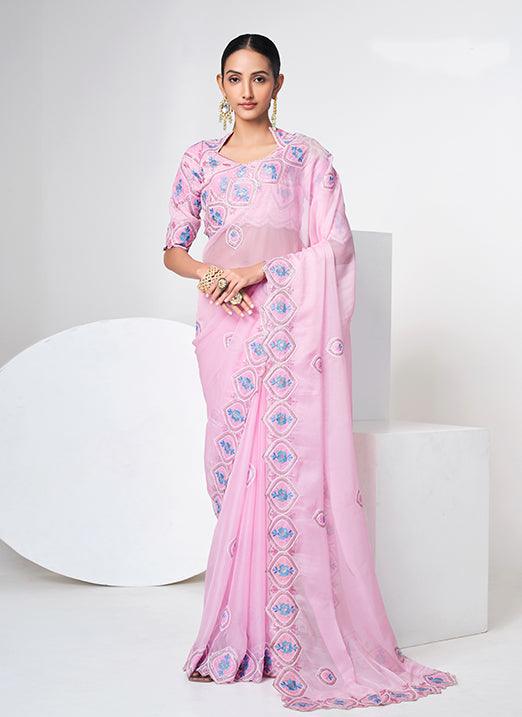 Baby Pink Organza Based Embroidered Saree Cheapest For Sale