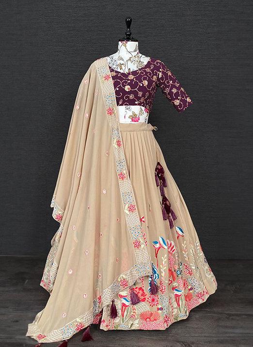 Stunning Navratri Special Sequins & Thread Embroidered Beige Lehenga Choli Free Shipping Best Place