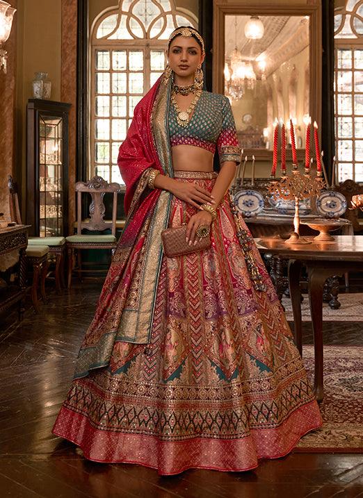 Peach with Green Sparkle Work Smooth Rajwadi Silk Bridal Lehenga Choli Countdown Package