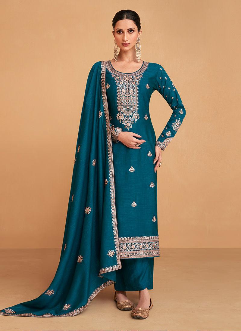 Silk Base Rama Blue Palazzo Suit With Sequins Zari Work Sale In China