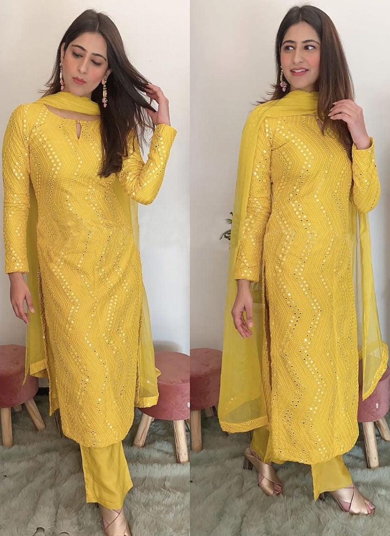 Phenomenal Light yellow Colored Palazzo Suit Decorated with Mirror Cheap Sale Ebay