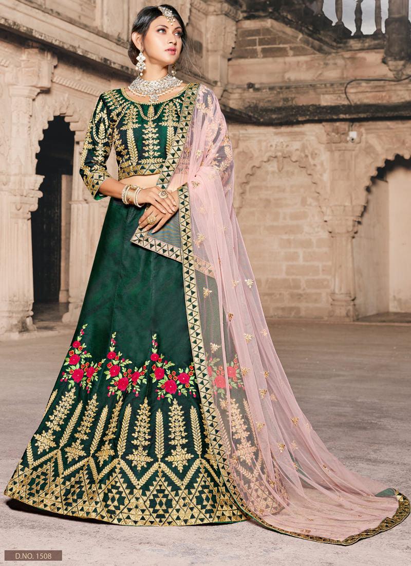 Dark Green Colored Taffeta Silk Bridal Lehenga Choli Comfortable Cheap Online