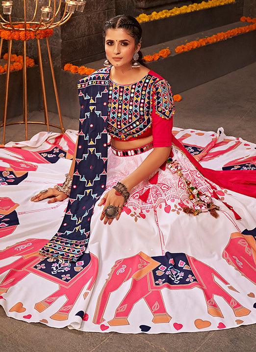 Gamthi Printed Navratri Lehenga Choli in White with Pink and Blue Cheap Sale Ebay