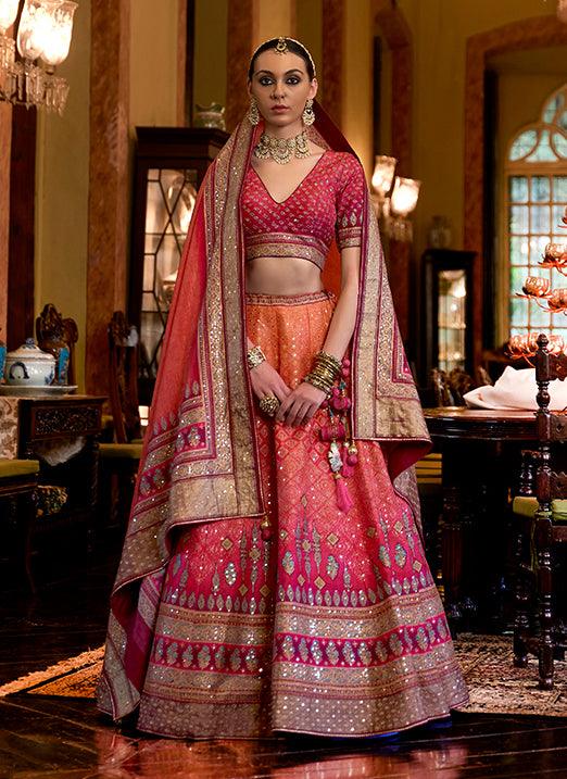 Affectionate Orange And Red Mixture Bridal Lehenga Choli with Sparkle & Mirror Work in Smooth Rajwadi Silk High Quality For Sale