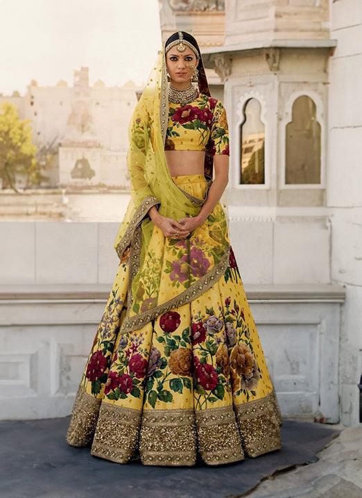 Haldi Yellow Printed Pearl Work Heavily Drape Lehenga Choli Set Outlet Get To Buy