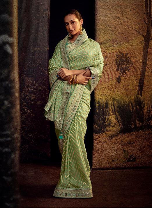 Parrot Green Color with Weaving Embroidery Pastel Saree Best Seller Cheap Pice