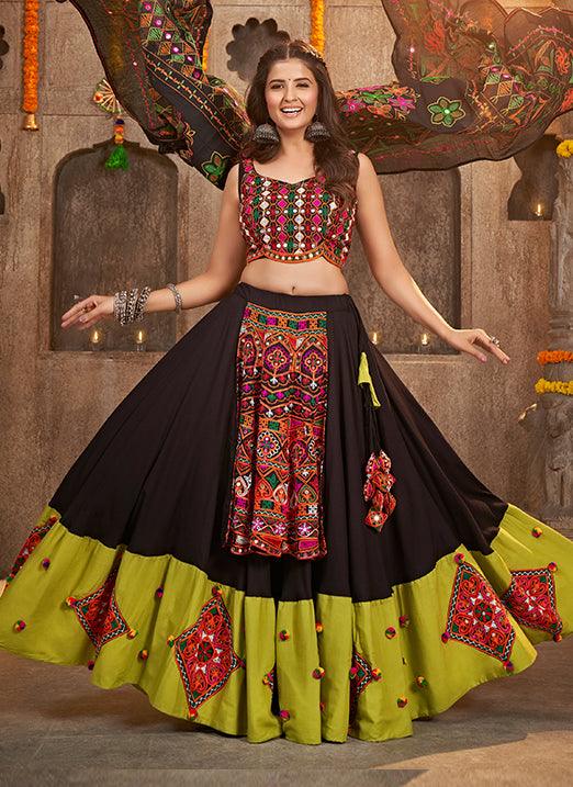 Alluring Black Thread Embroidery & Mirror Work Navratri Lehenga Choli Sale Online Shop