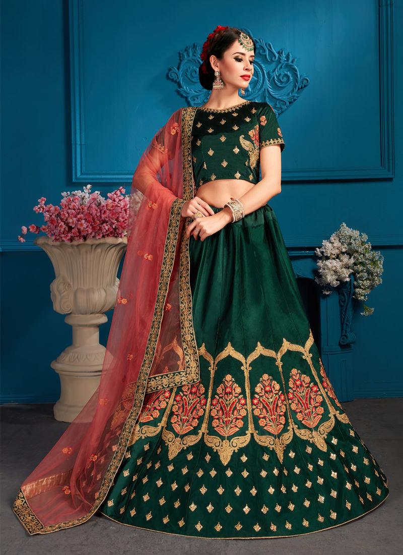 Dark Green Color Satin Base Designer Embroidred Lehenga Choli Extremely Cheap Pice