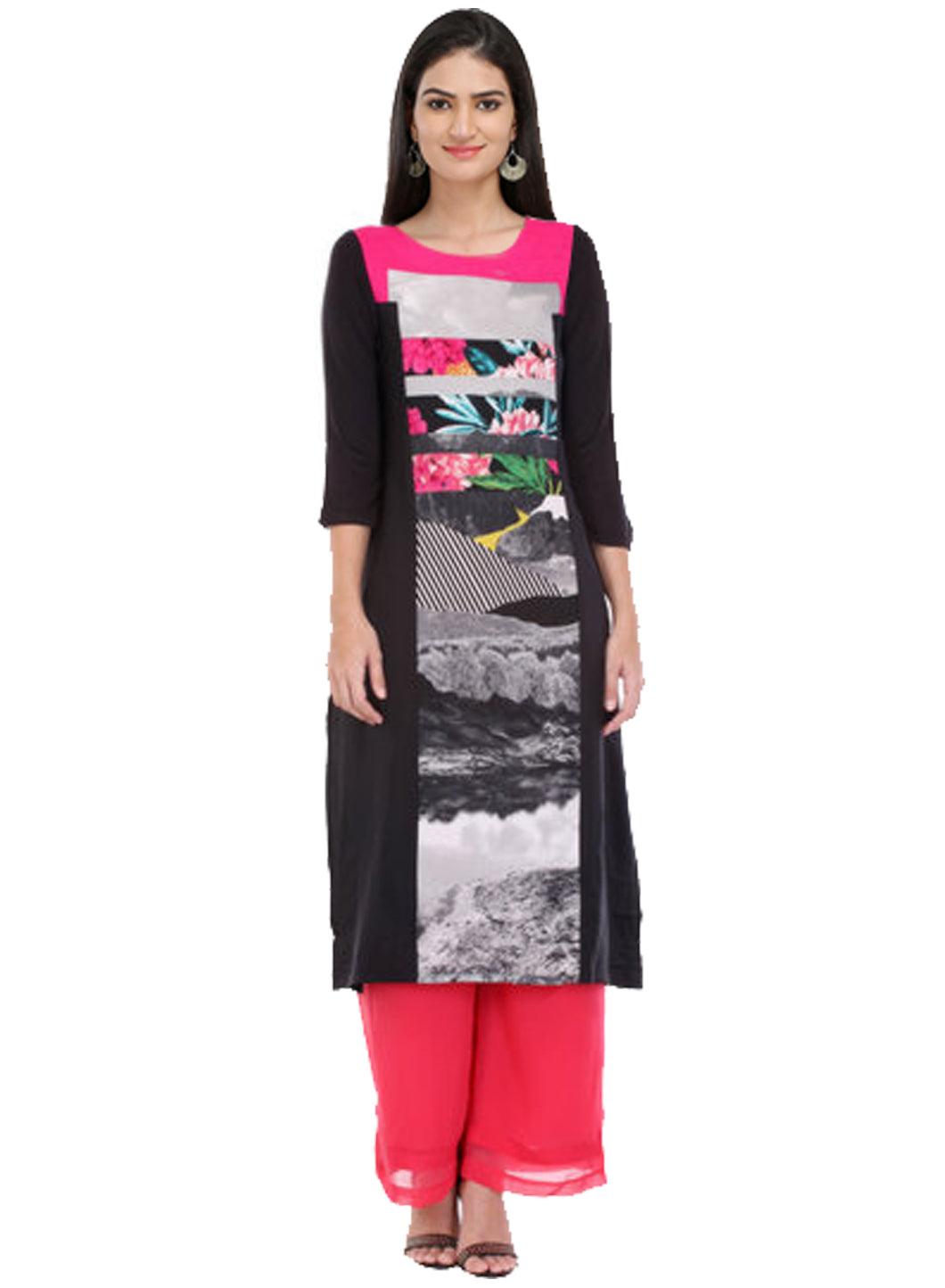 Black And Pink Colored Digital Printed Long Kurta Clearance Fake