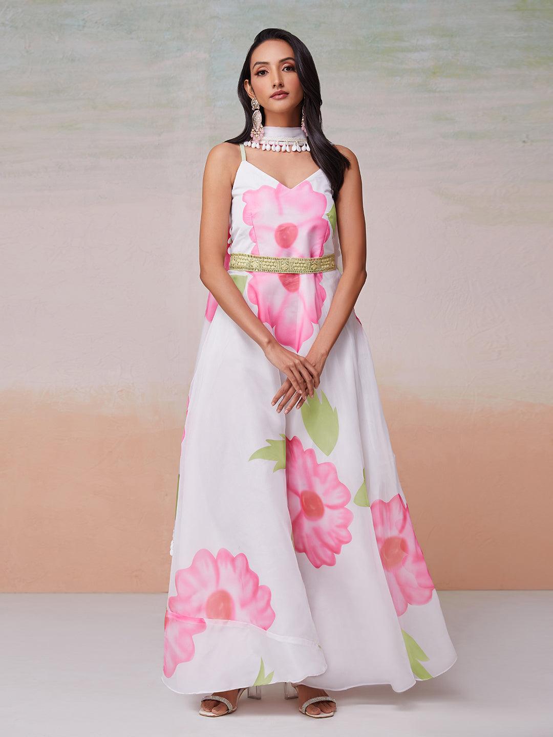 White Floral Printed Organza Gown with belt Low Pice Fee Shipping Cheap Online