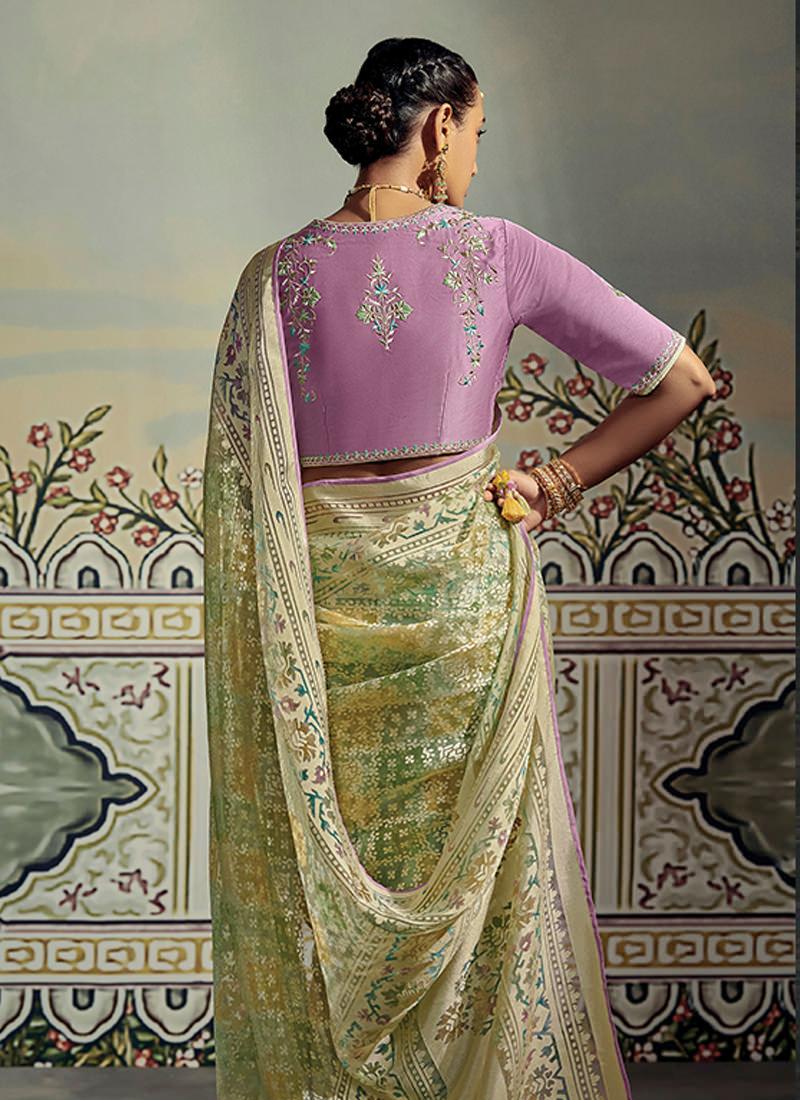 Thread Work Blouse With Light Green Brasso Saree Clearance Shop