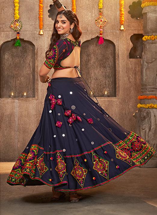 Navratri Special Navy Blue Viscose Rayon Thread Embroidered Lehenga Choli with Mirror Work Clearance Cheap Online