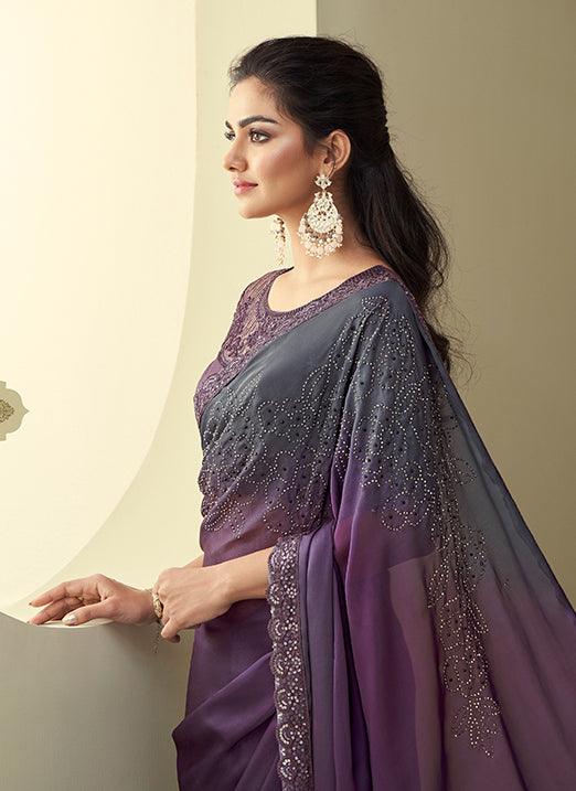 Dark Purple Party Wear Silk Saree with Net Base Blouse Browse Cheap Online