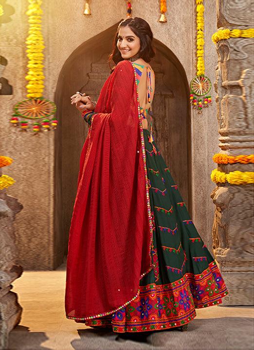 Navratri Special Green Viscose Rayon Thread Embroidered Lehenga Choli with Mirror Work Cheap Very Cheap