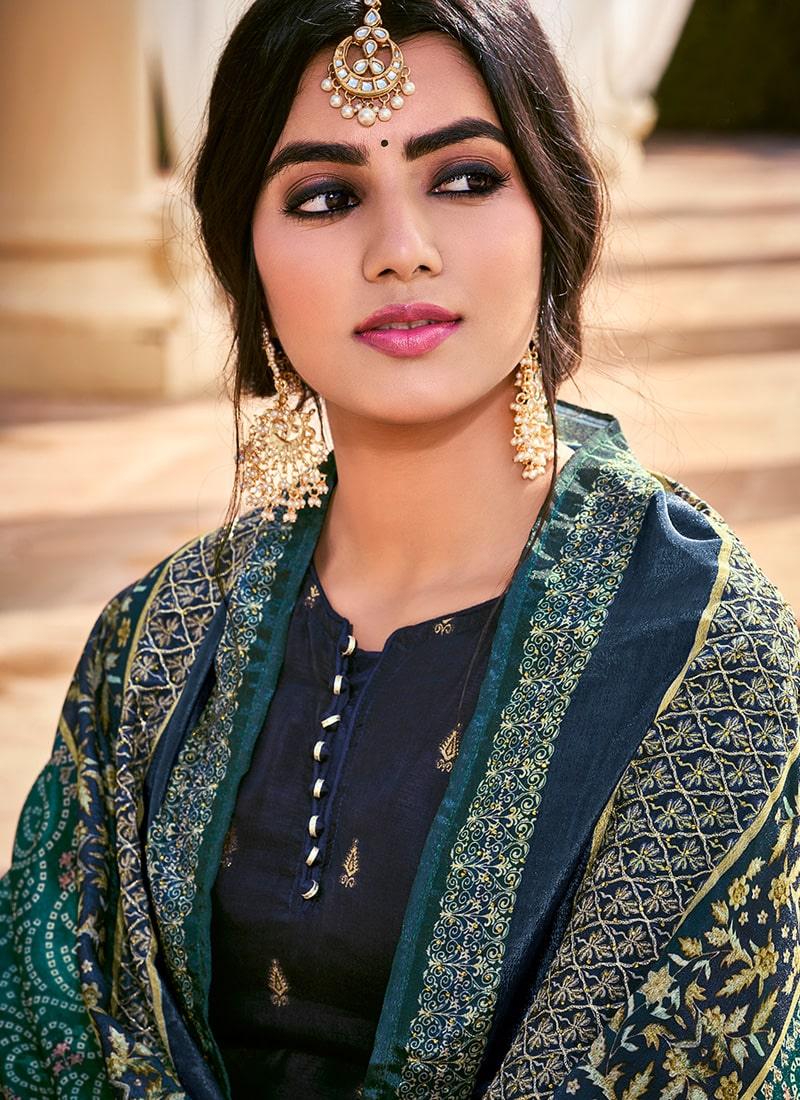 Digital Printed Navy Blue Silk Weave Sharara Suit With Matching Dupatta Sale Finishline