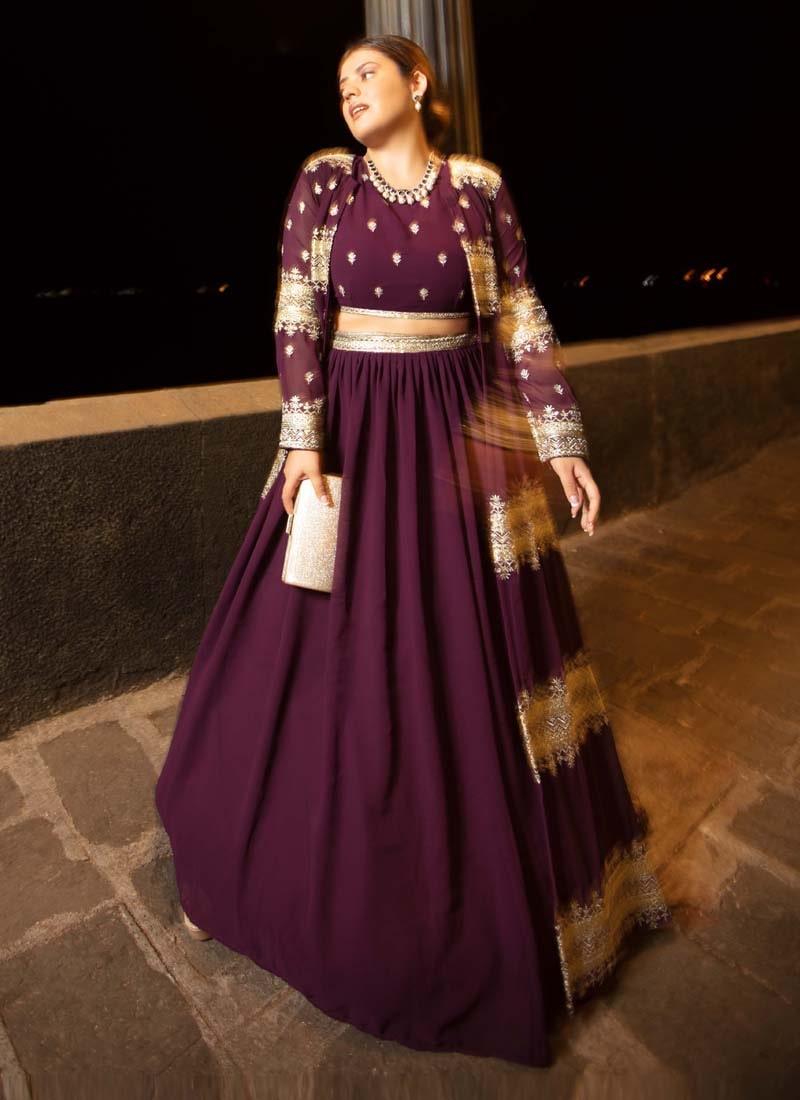 Wine Color Georgette Material Sequins And Zari Work Lehenga Jacket Manchester Great Sale Cheap Online