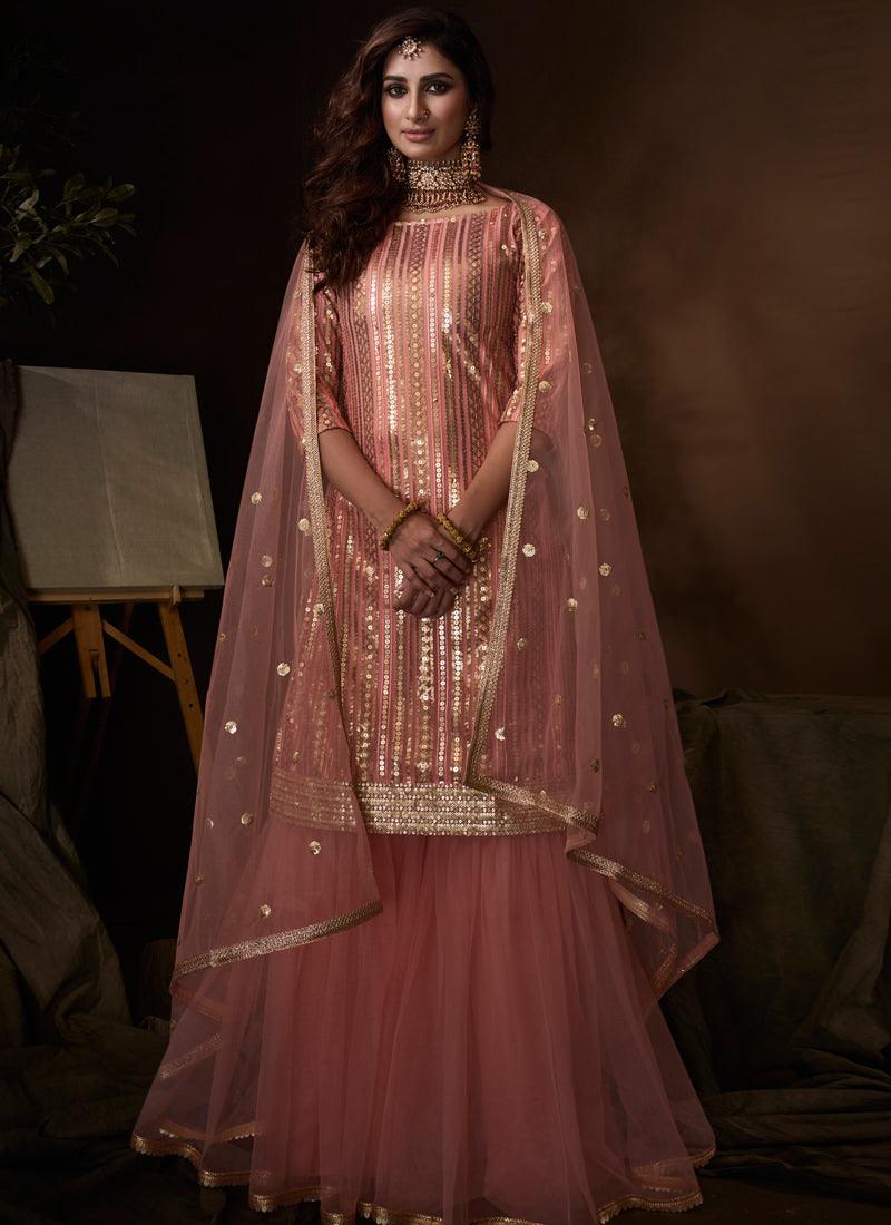 Elegant Peach Pink Soft Net Base Sequin Sharara Suit Cheap Usa Stockist