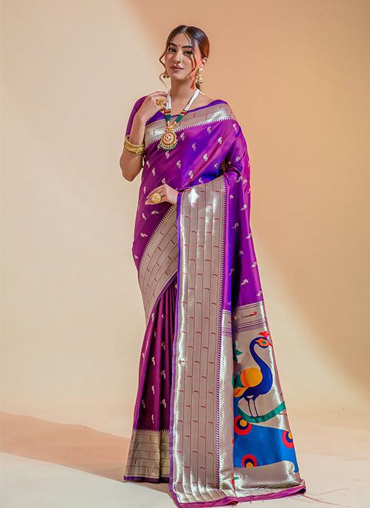 Purple Zari Weaving Pure Paithani Silk Saree Cost Cheap Pice