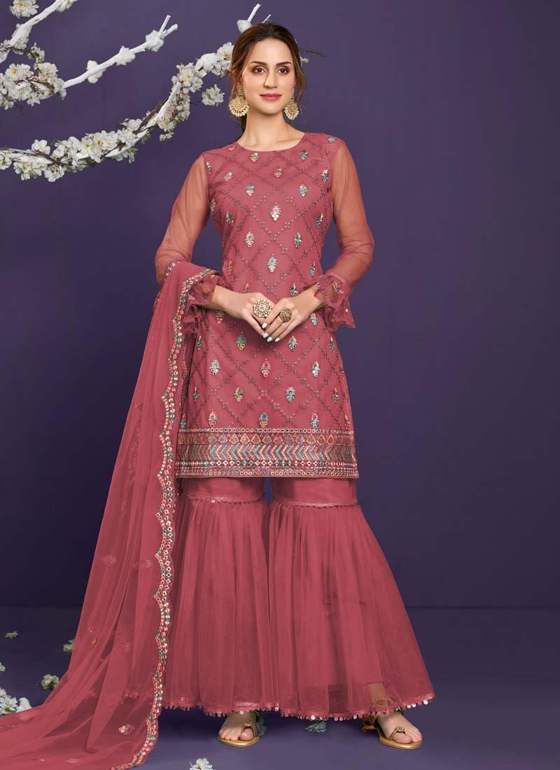 Beguiling Dark Pink Color Soft Net Base Sequins Work Sharara Salwar Suit Discount Footlocker Pictures