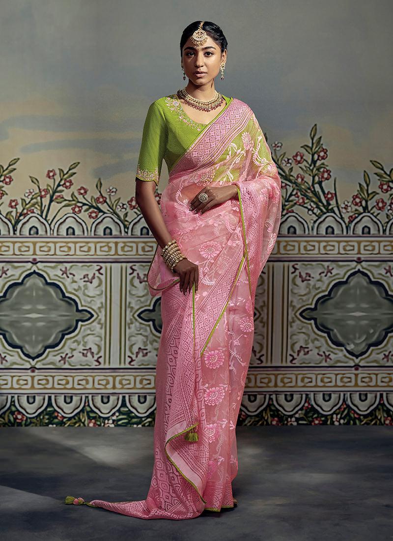 Thread Work Blouse With Pink Brasso Saree Fast Delivery For Sale