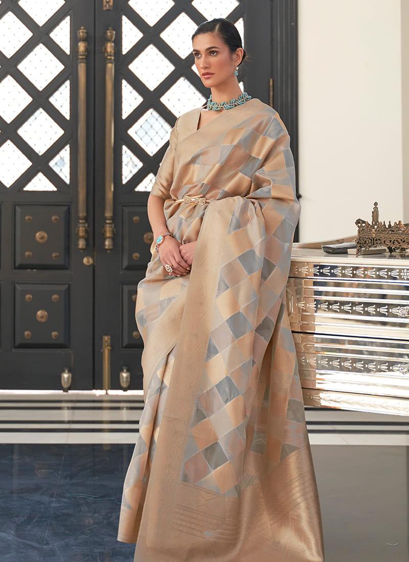 Handloom Weaving Beige Organza Leheriya Sare Sale Low Pice Fee Shipping