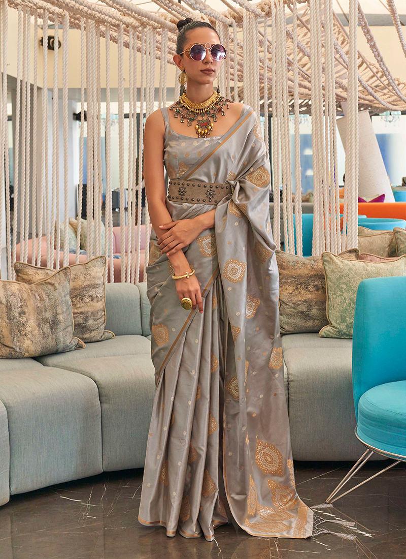 Grey Zari Weaving Classic Saree Sale For Cheap