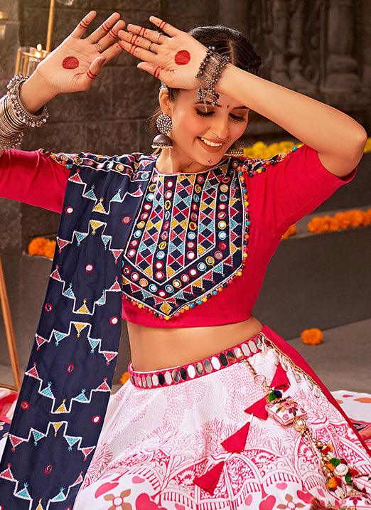 Gamthi Printed Navratri Lehenga Choli in White with Pink and Blue Cheap Sale Ebay