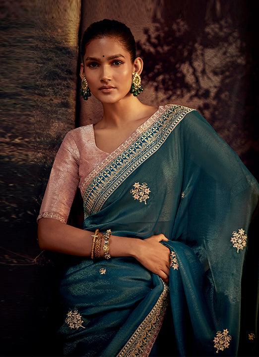 Teal Green Color with Weaving Embroidery Pastel Saree Discount High Quality