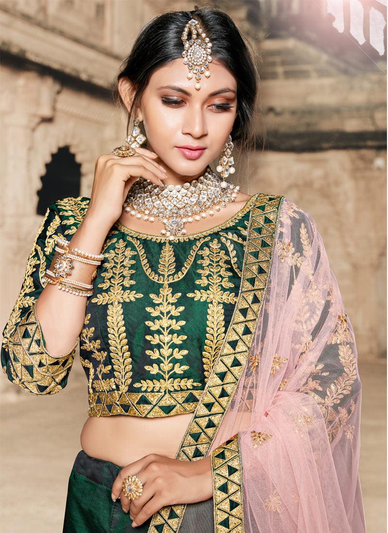 Dark Green Colored Taffeta Silk Bridal Lehenga Choli Comfortable Cheap Online