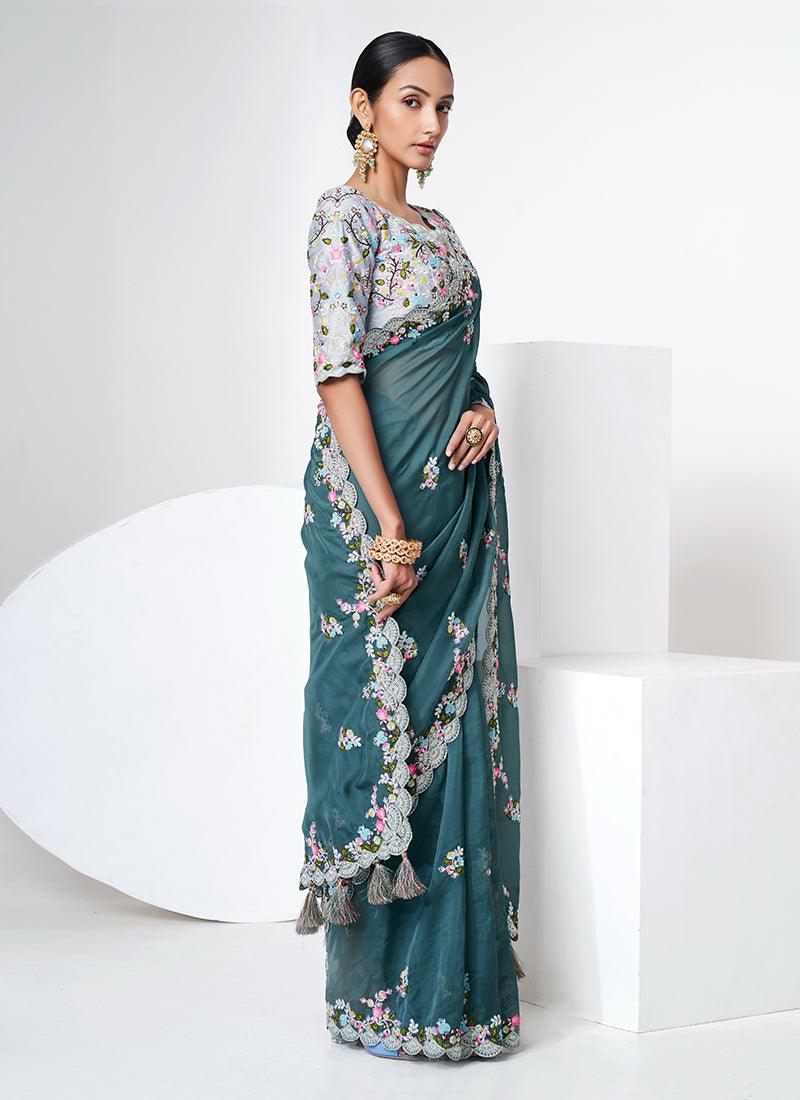 Teal Blue Color Organza Base Saree Marketable Sale Online