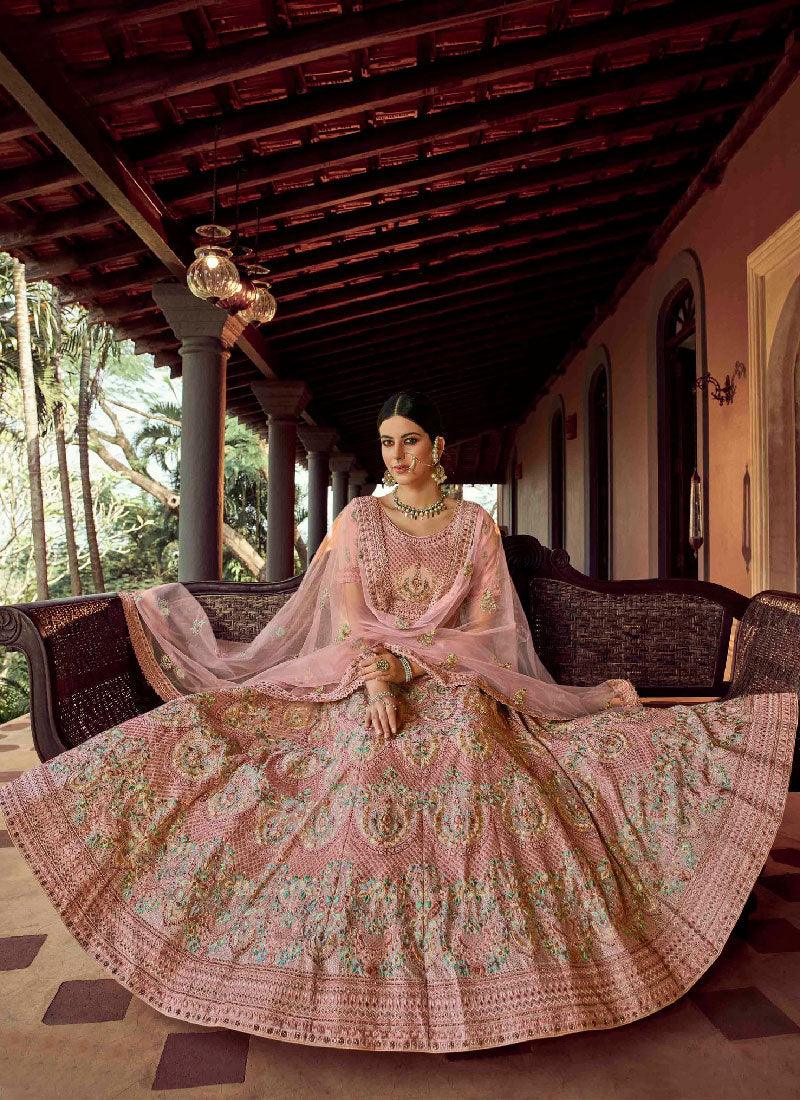 Elegant Look Peach Color Georgette Base Heavy Work Bridal Lehenga Choli Visit Online