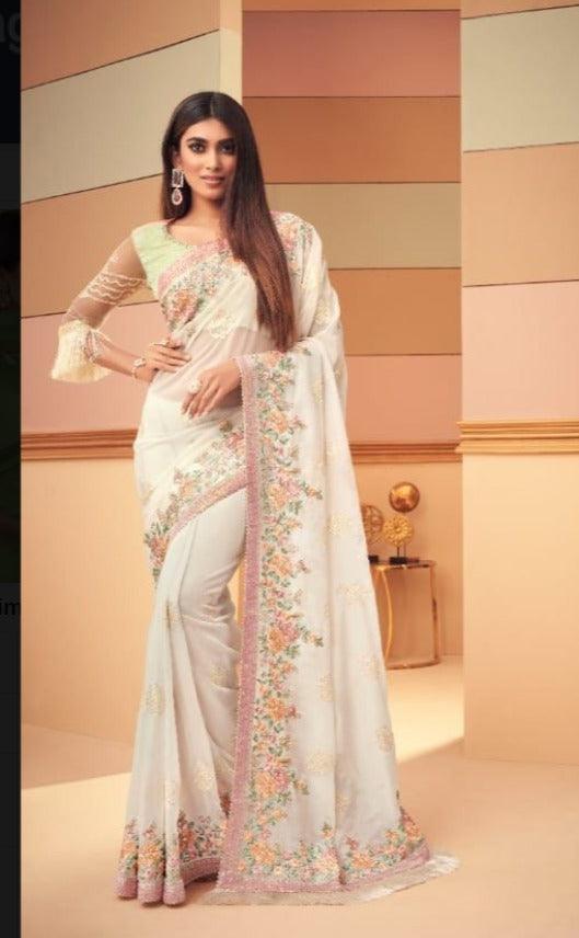 Off-White Color Silk Resham Work Occasion Saree Cheap Footlocker