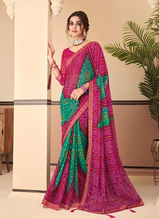 Graceful Pink & Sky Blue Bandhani Chiffon Saree Recommend