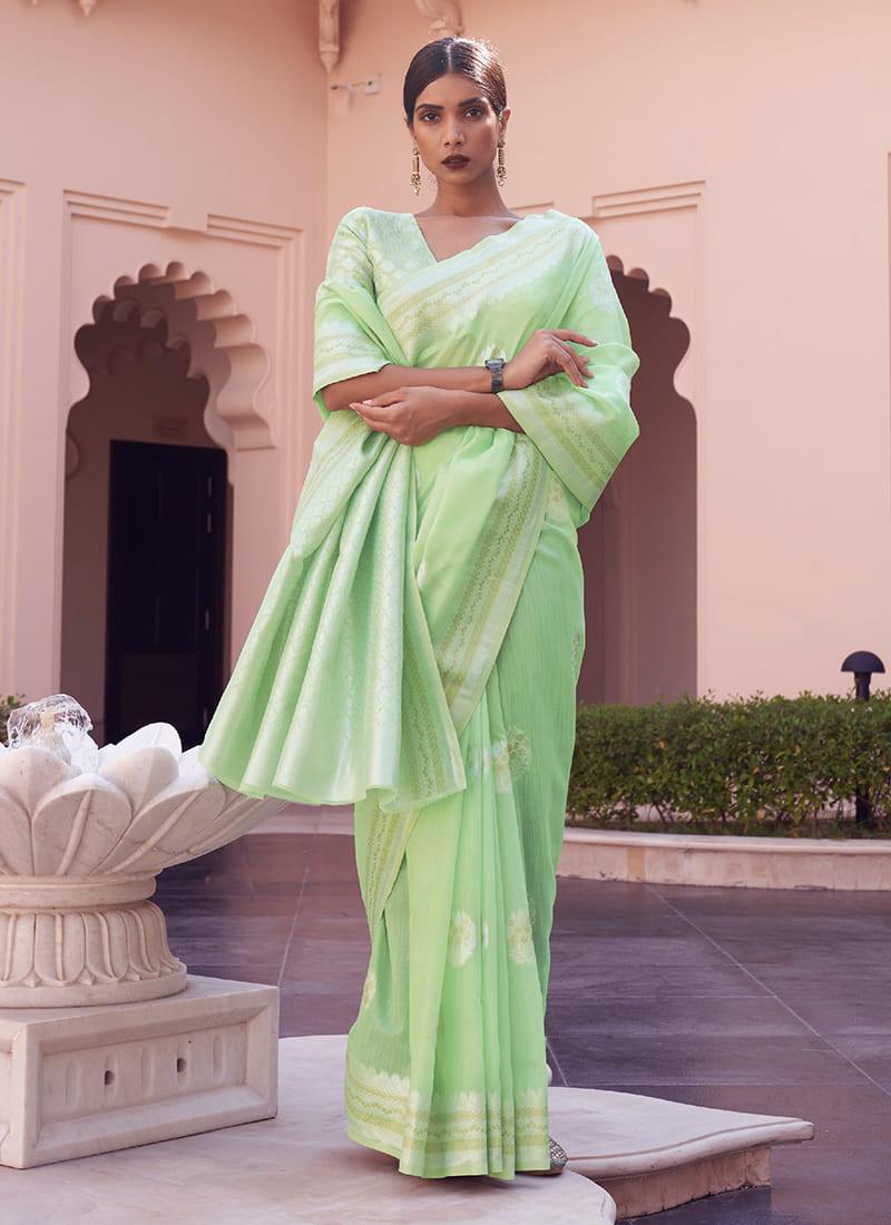 Zari Weaving Green Linen Saree Explore