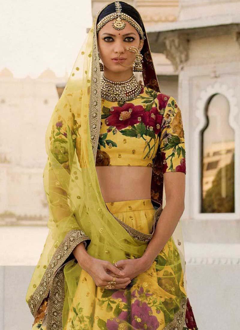 Haldi Yellow Printed Pearl Work Heavily Drape Lehenga Choli Set Outlet Get To Buy