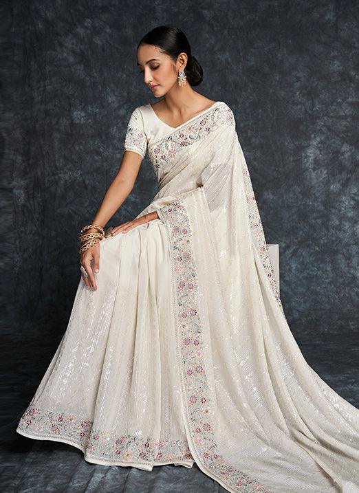 White Color Heavy Embroidery Work Saree Sale Cost