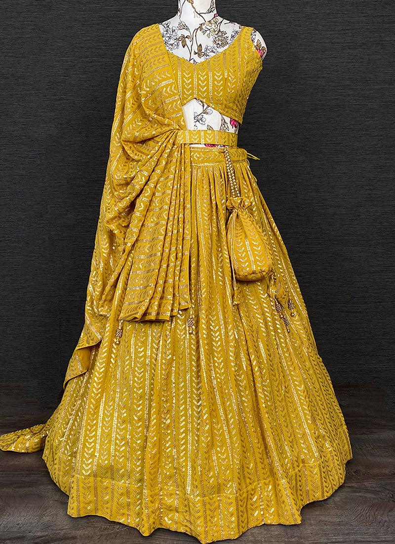 Heavy Sequins Mustard Yellow Flared Lehenga Real For Sale