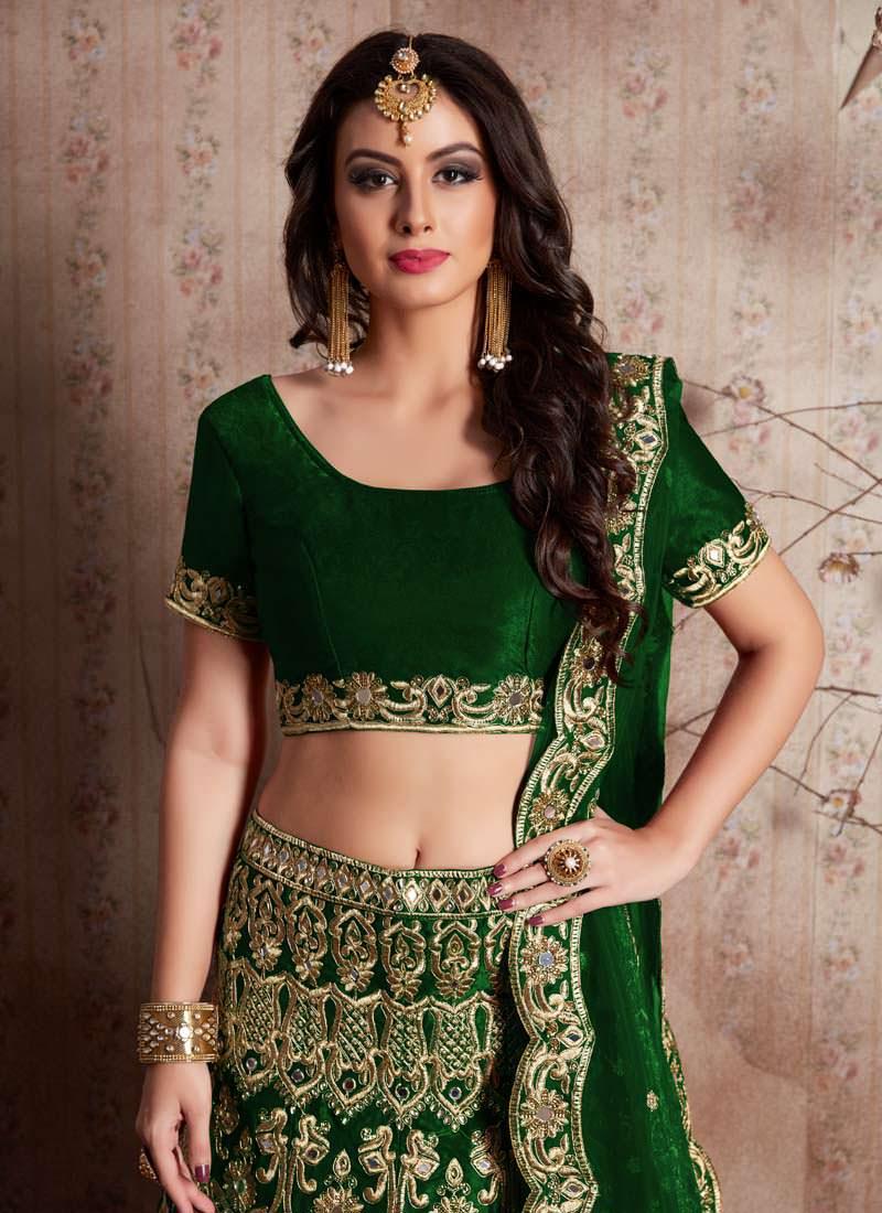 Green Heavily Embroidered Velvet Base Lehenga Choli Shipping Discount Sale